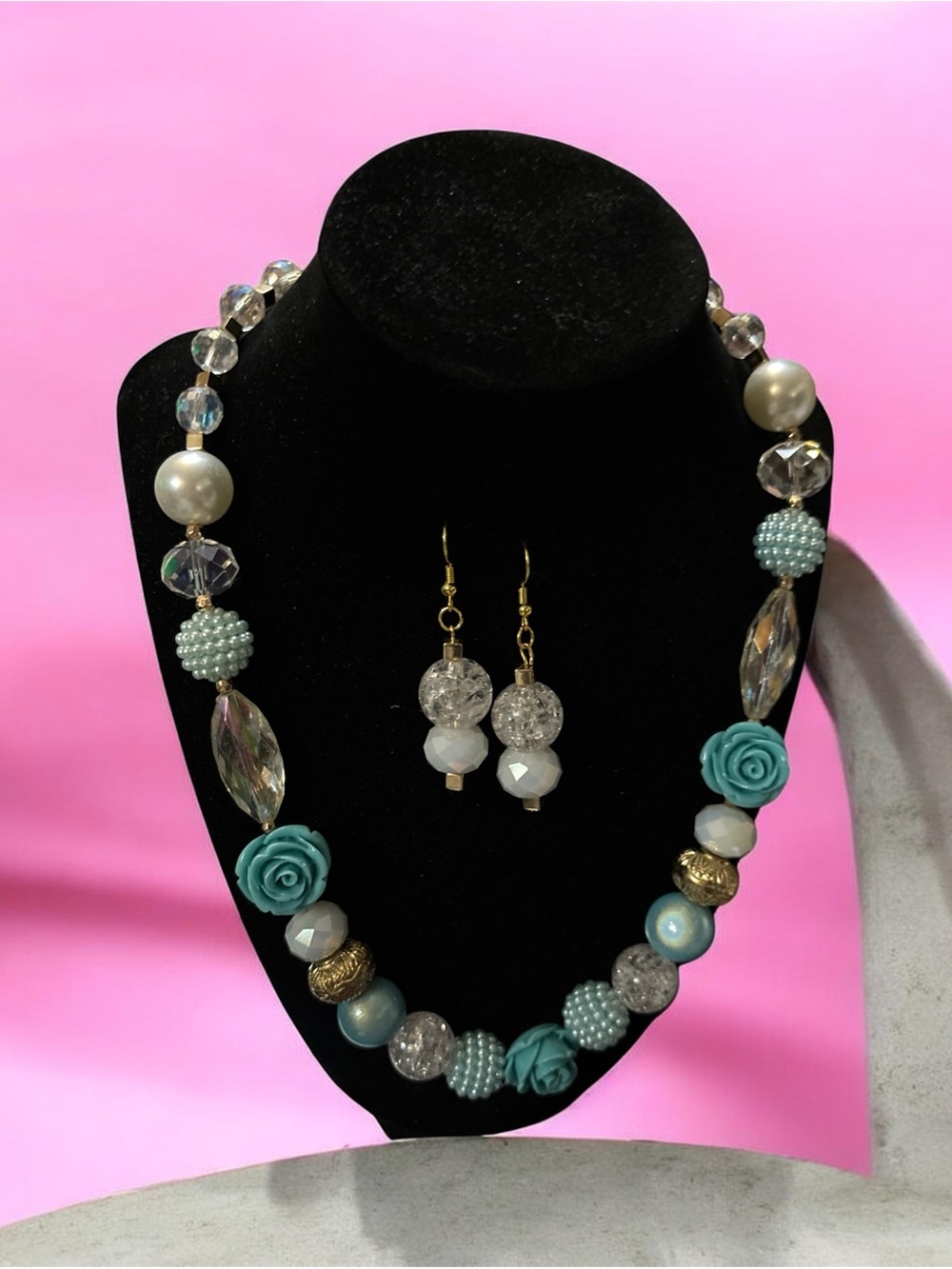 Turquoise Rose Beaded Statement Necklace with Matching Earrings - Women Jewelry